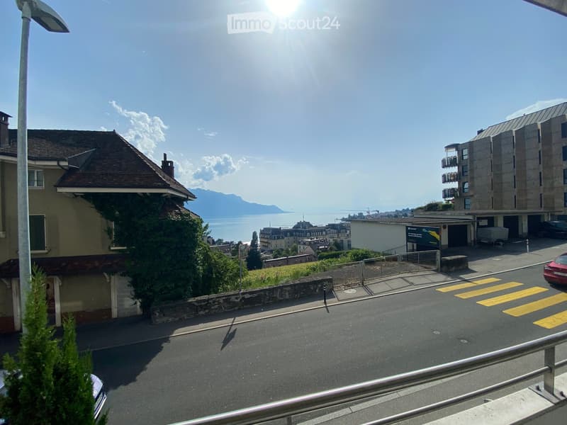 Balcony overlooking a street with a crosswalk, a small garden area, and a view of a lake and distant mountains.