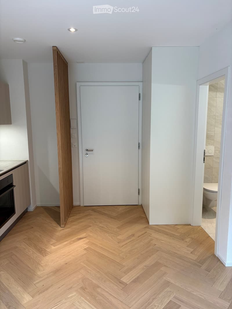 Modern hallway with herringbone wooden flooring, white walls, and recessed lighting. Features a closed white door and a glimpse of a kitchen area with cabinets and an oven on the left, and a bathroom with a toilet on the right.