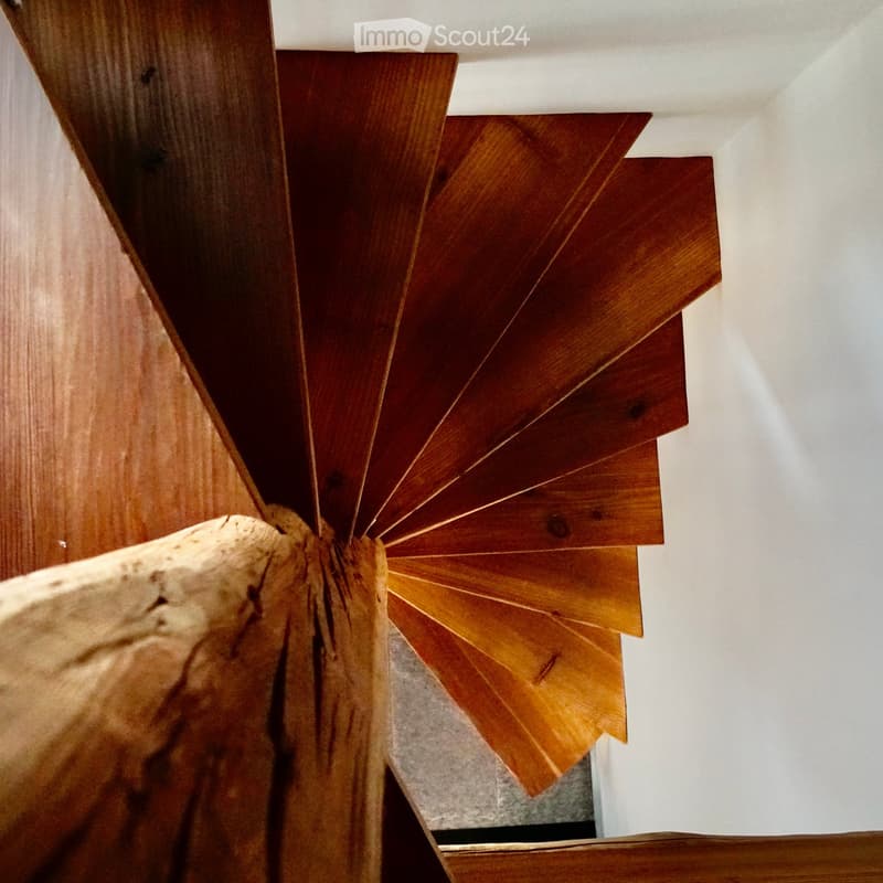 Spiral staircase with wooden steps and handrails, white walls, and a grey carpeted floor.