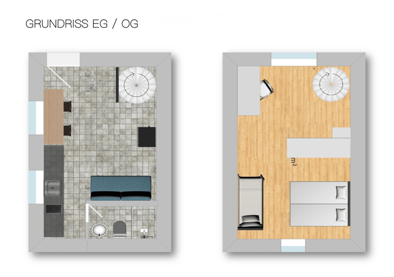 Floor plan of a two-room apartment with a living area and a bedroom. The living area includes a sofa, TV, and kitchen area. The bedroom has a bed and a wardrobe.