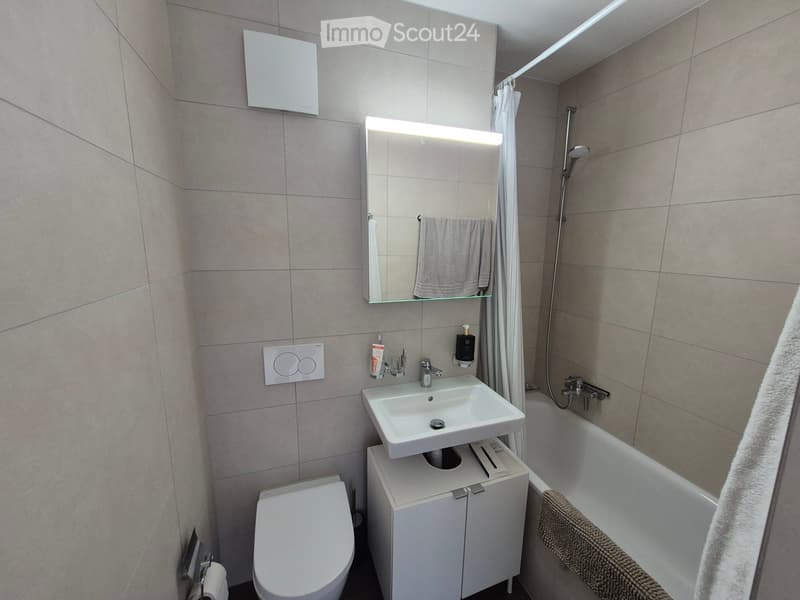 Modern bathroom with a white sink, mirror, toilet, bathtub, and built-in cabinet. Features tiled walls and a shower area with a curtain.
