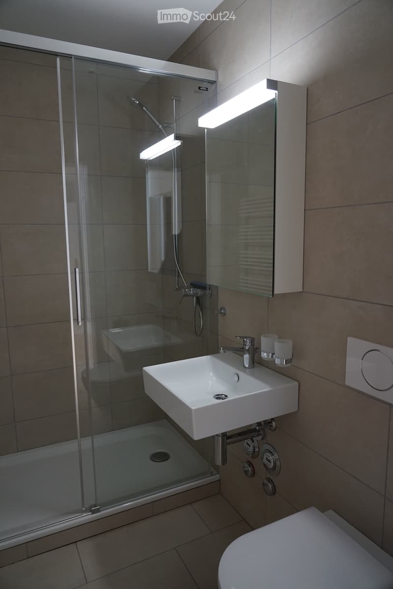 modern bathroom with glass shower, white sink, mounted mirror, white tiles