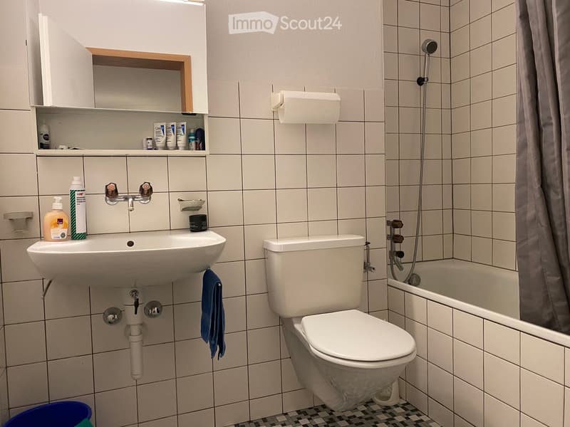 Bathroom with a sink, toilet, bathtub, and a mirror cabinet. The sink has a faucet and a towel hanging below it. Toilet paper is placed on a holder next to the sink. A shower hose is attached to the wall above the bathtub, and a mirror cabinet is mounted