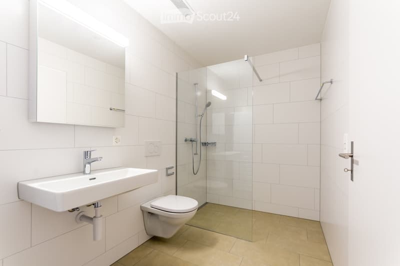 Modern bathroom with white tiles, a sink with a chrome faucet, a toilet, a glass-enclosed shower, and a large mirror above the sink.