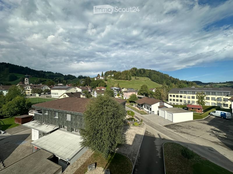 Aerial view of a residential area with multiple buildings, including houses and a school, surrounded by greenery and hills.