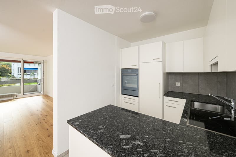 Modern kitchen with white cabinets, granite countertop, stainless steel appliances, and wooden flooring.
