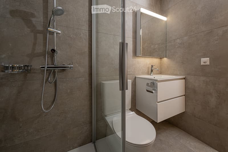 Modern bathroom with a glass-enclosed shower, a toilet, a sink with a mirror, and a towel rack. The walls are tiled in a neutral tone, and the lighting is soft and integrated.