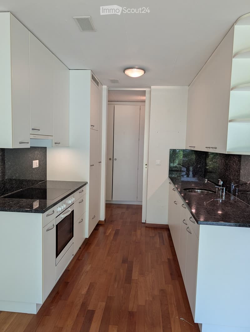 Modern kitchen with white cabinets, dark granite countertops, wooden flooring, and a built-in oven. The space features a sink with a modern faucet and ample cabinet storage.
