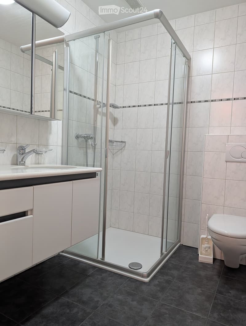 Modern bathroom with a glass-enclosed shower, a sink with a modern faucet, a toilet, and a mirror above the sink. The walls are tiled in light beige and the floor is dark grey.