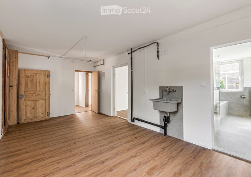 Empty room with wooden flooring, white walls, and exposed pipes. Features a sink and a glass-enclosed shower area.