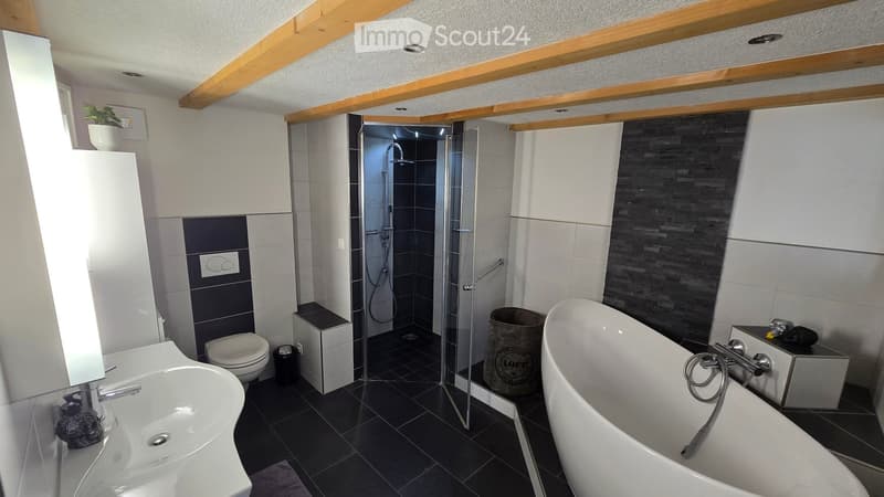 Modern bathroom with a white sink, bathtub, toilet, and glass-enclosed shower. Features dark tiles, wooden beams on the ceiling, and a small plant on the windowsill.