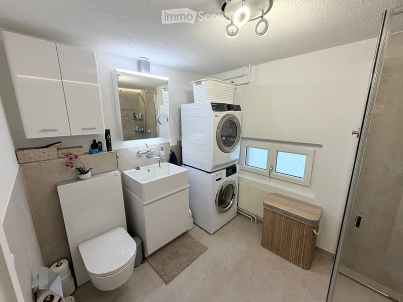 Modern bathroom with a toilet, sink, mirror, washing machine, dryer, and cabinet. Features a small window and a flower pot on the counter.
