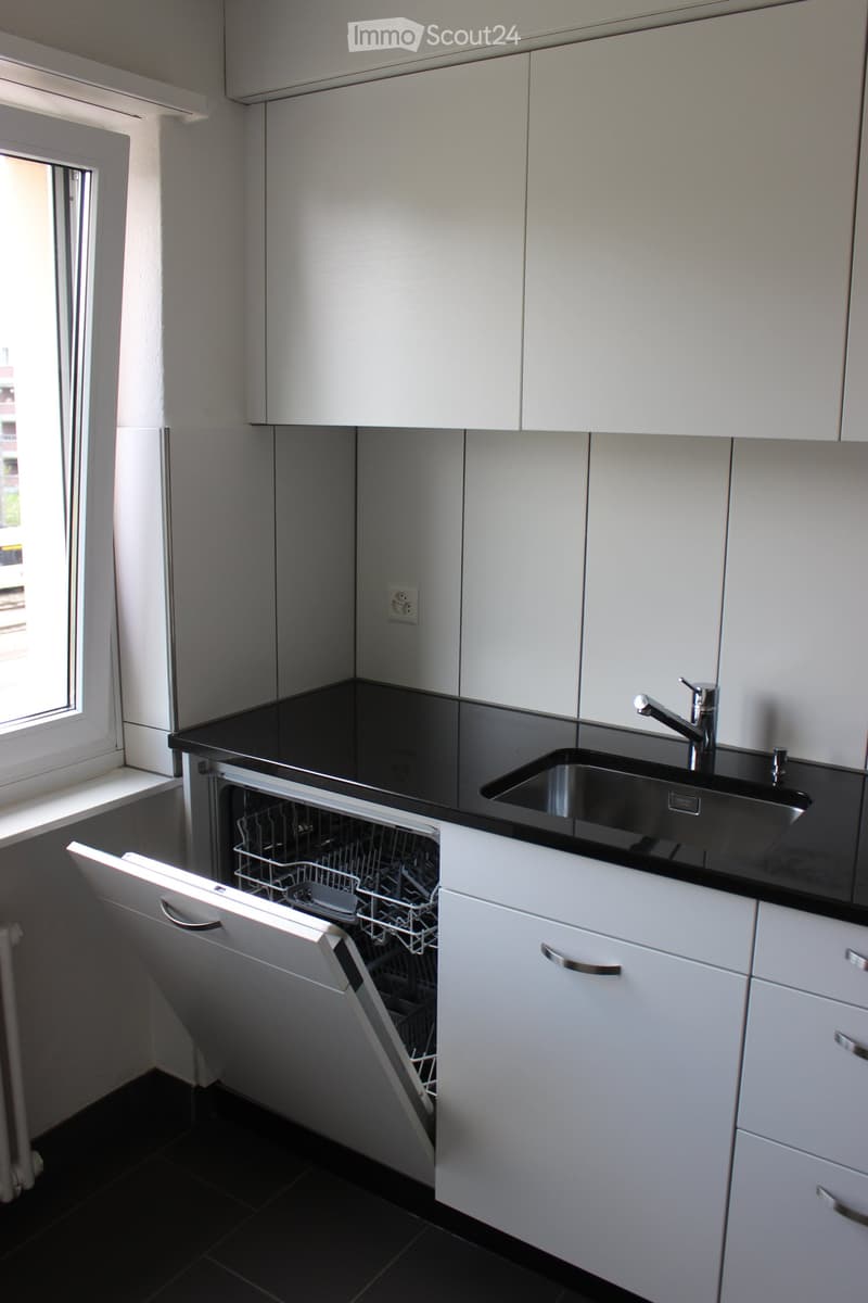 Modern kitchen with white cabinets, black countertops, a stainless steel sink, and an open dishwasher.