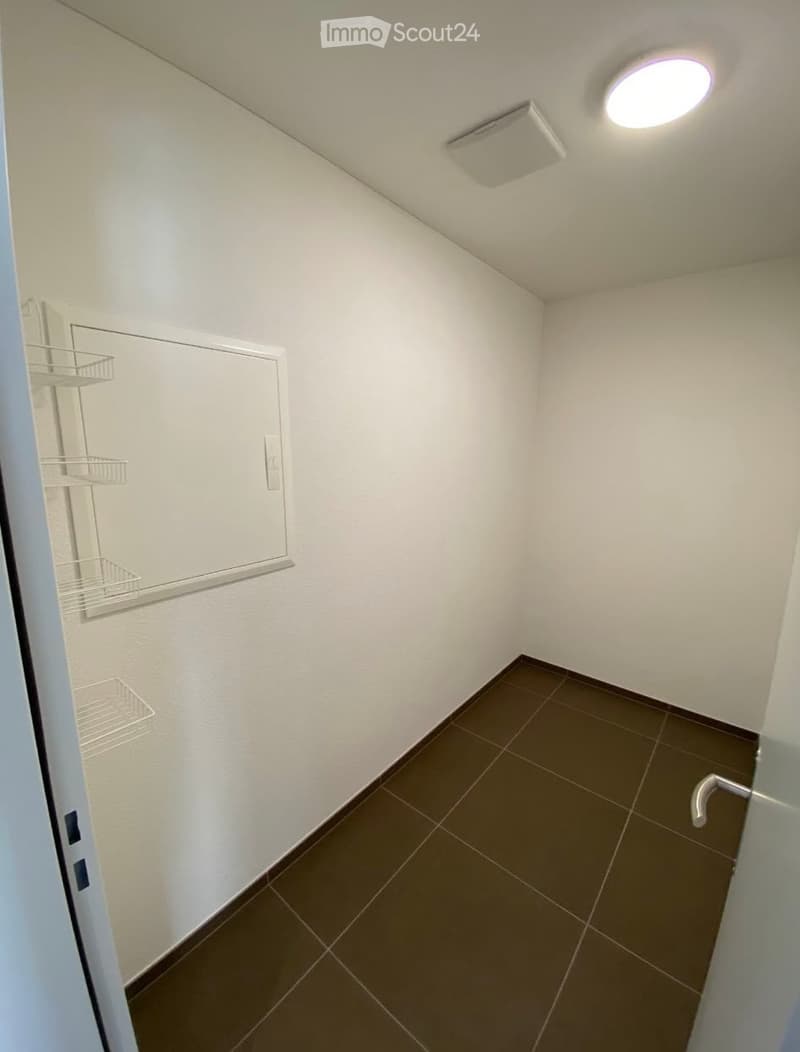Empty hallway with white walls, dark brown tiled floor, and a white shelf unit on the left side.