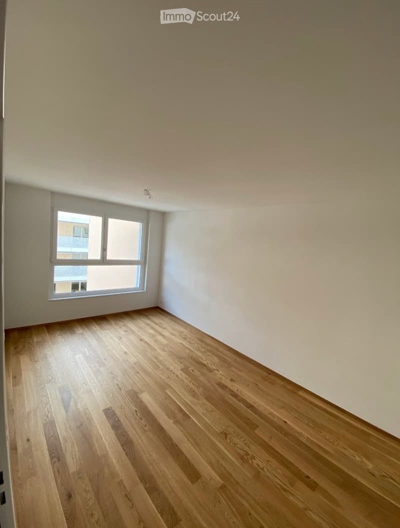 Empty room with light wooden flooring and white walls, featuring a single window with white frame and glass panes.