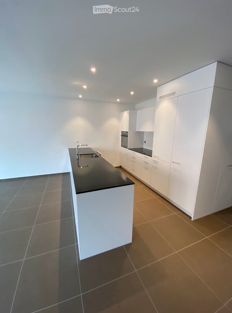 Modern kitchen with white cabinets, black countertop, and stainless steel sink.