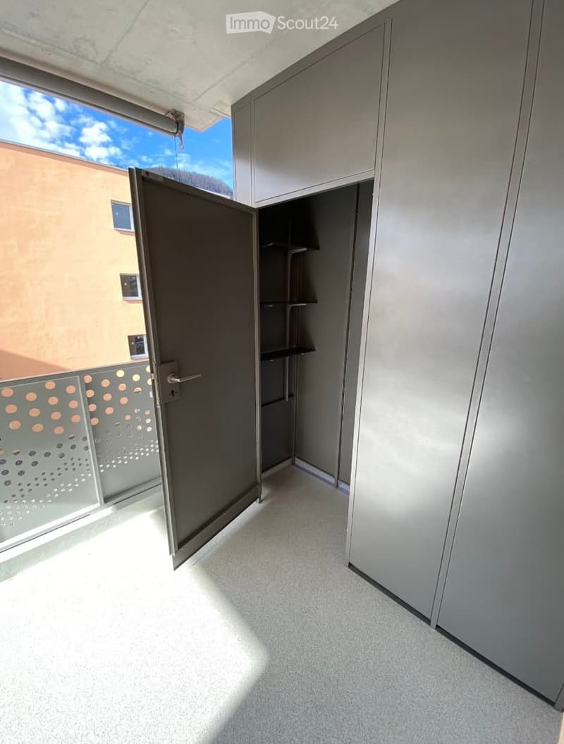 Modern balcony with grey walls, carpeted floor, open door leading to a storage closet, and a view of a building and sky.