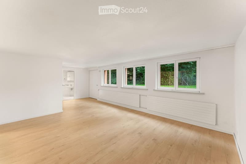 Empty room with light wooden flooring, white walls, and multiple windows showing greenery outside. Radiators are visible along the wall.