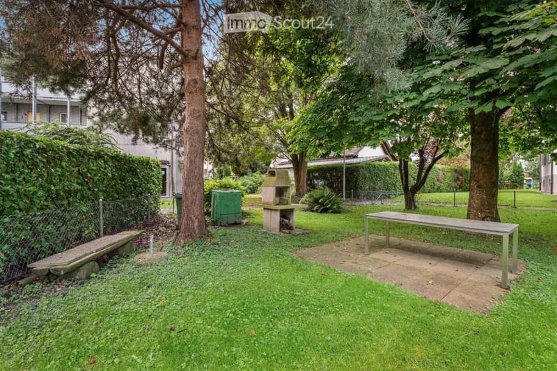 A well-maintained garden with a stone bench, a metal table, a barbecue, and a green utility box, surrounded by trees and greenery.