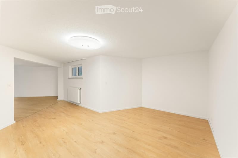 Empty room with light wooden flooring, white walls, a single window, and a radiator. The room has a modern recessed ceiling light and an open doorway leading to another space.