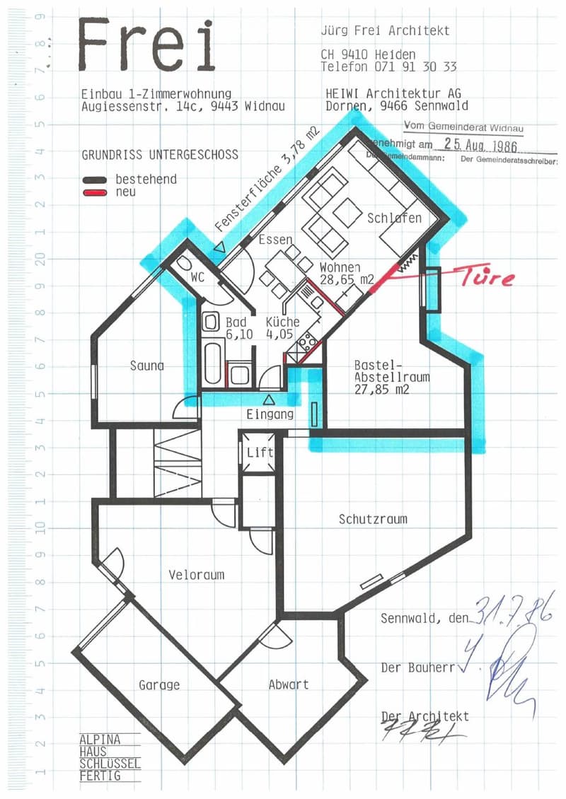 Floor plan of a 1-room apartment with living, dining, kitchen, bathroom, sauna, storage, and garage areas.