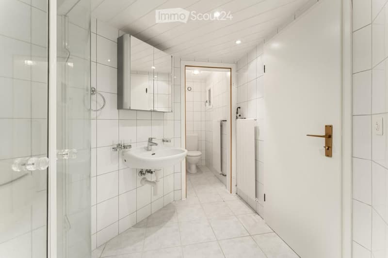Modern bathroom with white tiles, a sink, a mirror, a toilet, and a glass-enclosed shower. The space is bright and clean with recessed lighting.