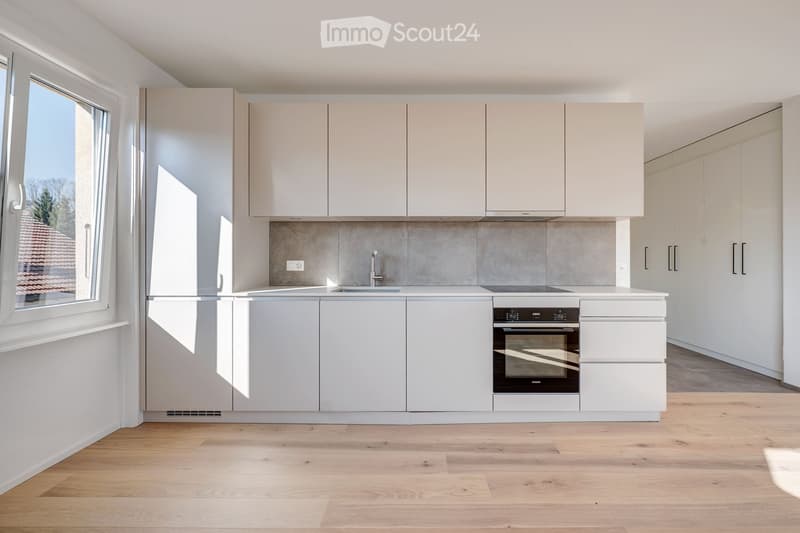 Modern kitchen with white cabinets, stainless steel appliances, and a light wooden floor.
