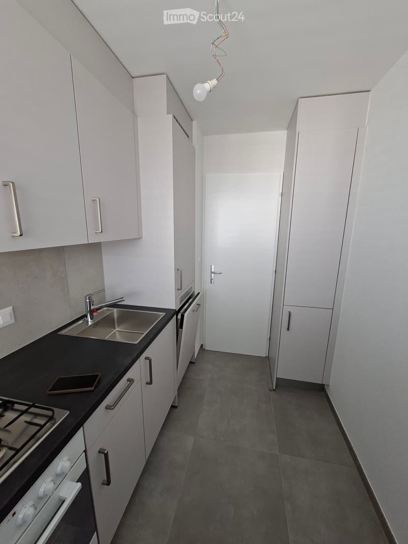 Modern kitchen with white cabinets, black countertop, stainless steel sink, gas stove, and built-in oven. The space is clean and organized with a single door leading to another room.