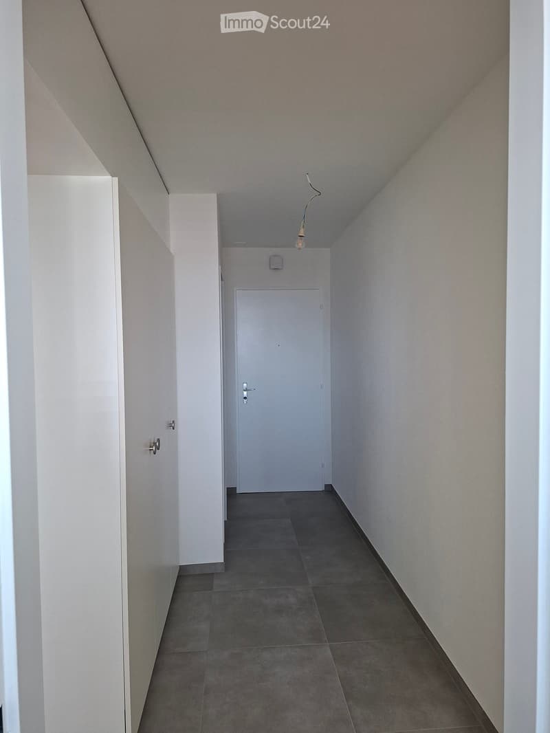 Empty hallway with white walls, dark tiled floor, and a single closed door at the end.