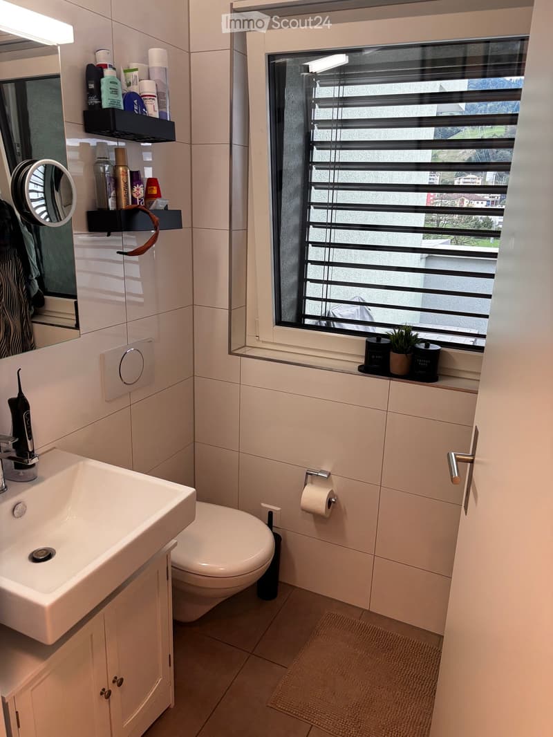 Modern bathroom with white tiles, a sink, toilet, mirror, and shelves holding toiletries and a small plant on the windowsill.