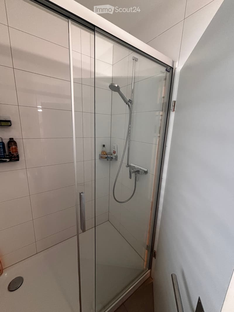 Modern bathroom with a glass-enclosed shower, tiled walls, and a built-in shelf holding toiletries.