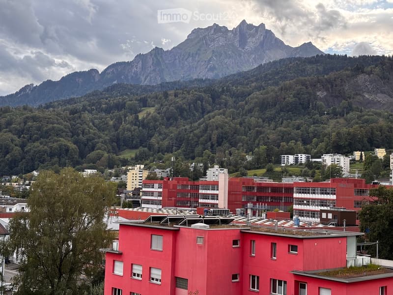A view of a cityscape with modern red buildings and a backdrop of forested mountains under a cloudy sky.