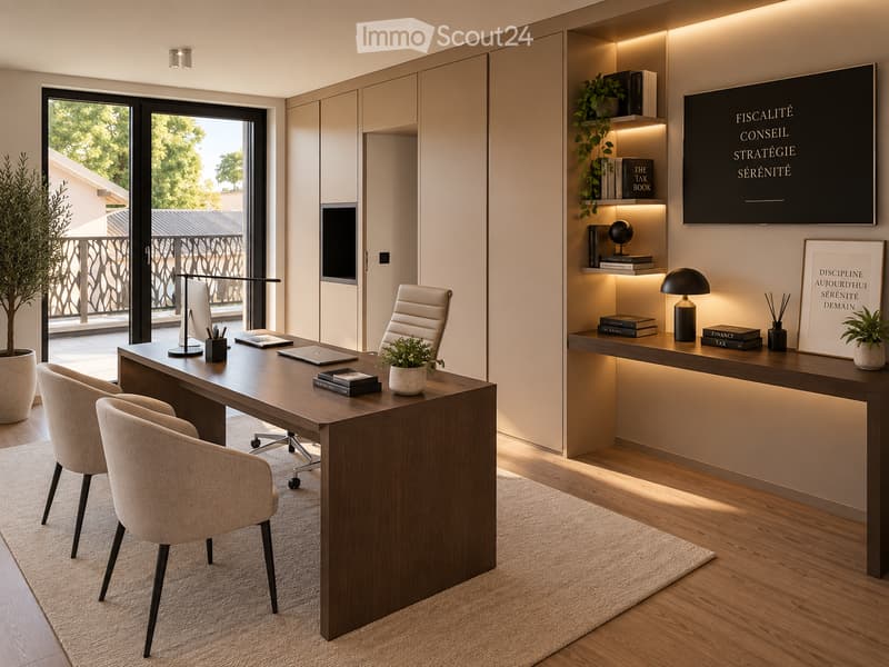 Modern office space with a large wooden desk, ergonomic chairs, laptop, books, a TV screen, and decorative plants.
