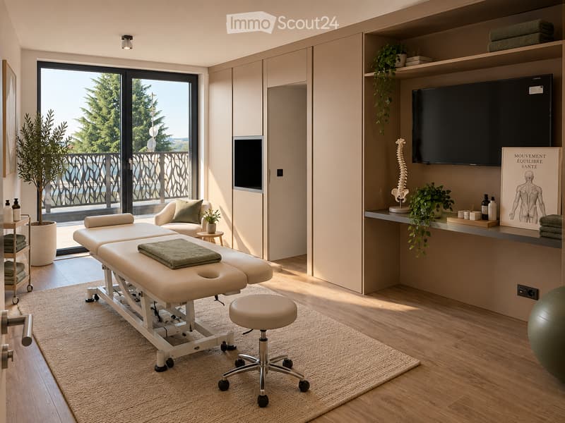Modern wellness room with massage tables, a rolling stool, a chair, a large screen, plants, and a shelf with wellness items.