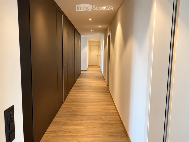 Modern hallway with wooden flooring, white walls, and recessed lighting. Features a closed storage unit on one side and a door at the end.