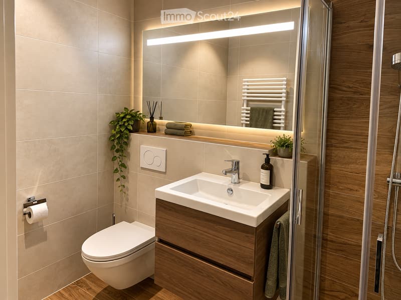 Modern bathroom with beige tiles, wooden vanity, white sink, toilet, large mirror with built-in lighting, towel rack, and decorative plants.