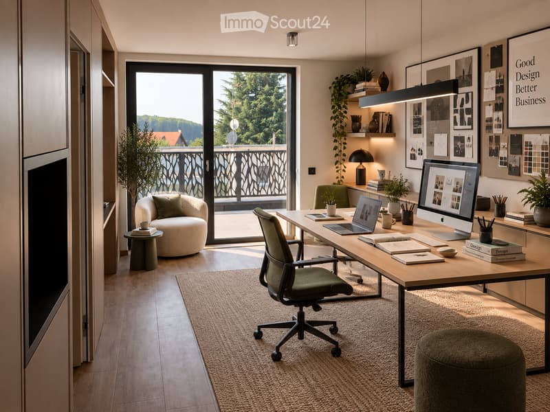 Modern, well-lit home office with a large desk, ergonomic chair, laptop, and computer screen. Features a cozy seating area with a round sofa and small table, large windows with a balcony view, and decorative plants and artwork.