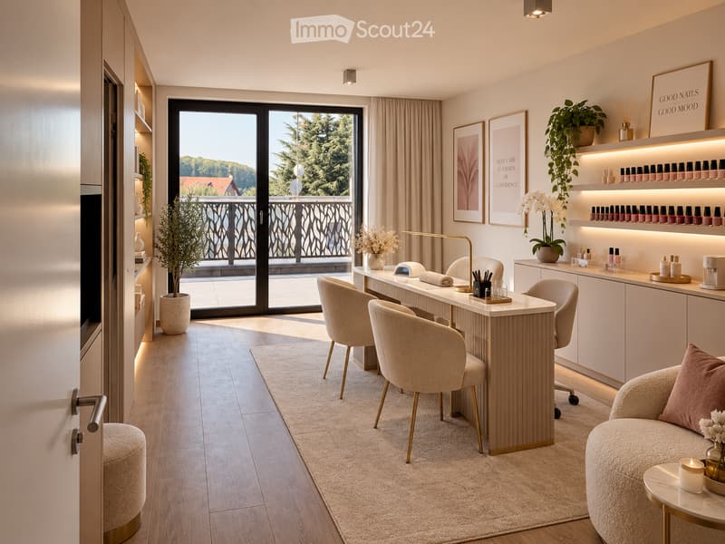 Well-lit, modern nail salon with a large window and balcony access, featuring a reception desk, comfortable seating, and decorative plants.