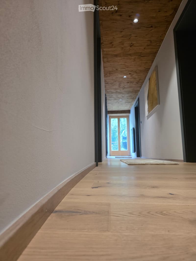 A modern hallway with light wooden flooring, white walls, and recessed ceiling lighting. A small rug is placed near the end of the hallway, and a framed picture hangs on the wall.