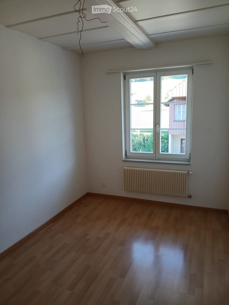 Empty room with wooden flooring, white walls, a large window with white frame, and a radiator below the window.