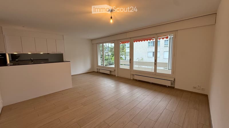 Empty room with wooden flooring, white walls, and large windows with red awnings. Minimalist design with built-in cabinets and a small kitchen counter.