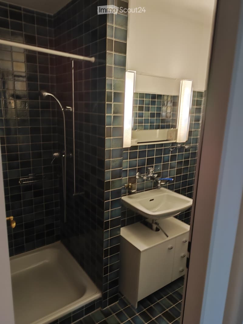 Bathroom with dark blue tiles, a bathtub, a sink with a cabinet, and a mirror above the sink.