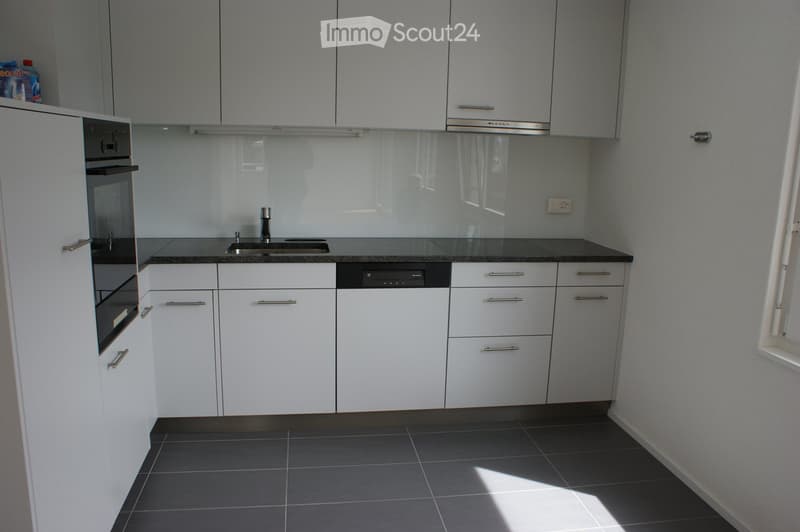 Modern kitchen with white cabinets, stainless steel appliances, and a dark countertop.