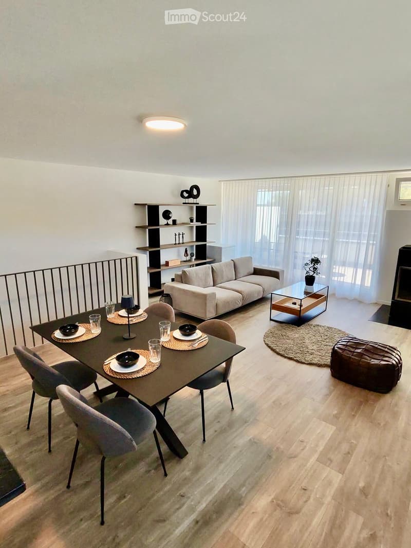 Modern living and dining area with a grey sofa, a black dining table with six chairs, a glass coffee table, a round rug, and a black shelf with decorative items.