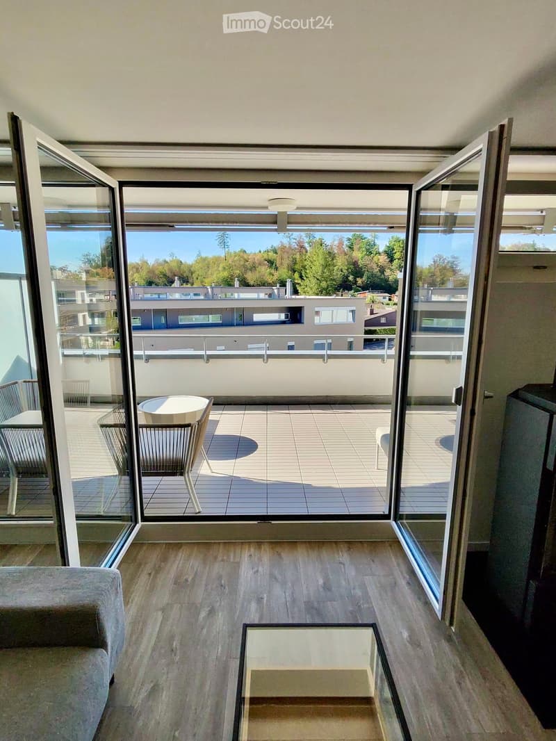Modern living room with wooden flooring, large glass doors opening to a balcony, sofa, coffee table, and outdoor furniture including a table and chairs.