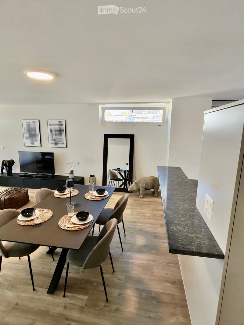 Modern dining area with a dark wooden dining table, four chairs, a round stool, a television on a stand, a large mirror, and a refrigerator. The room features light wooden flooring and white walls.