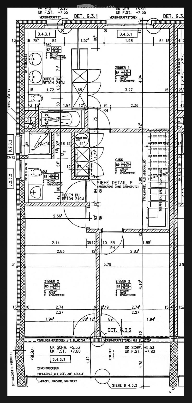Floor plan showing layout of a residential unit with labeled rooms including a bathroom, living room, and bedrooms. Dimensions and construction details are indicated.