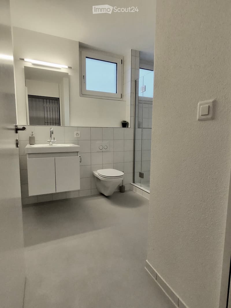 Modern bathroom with a white sink, mirror, toilet, and a small window. Features a sleek cabinet and a glass shower enclosure.