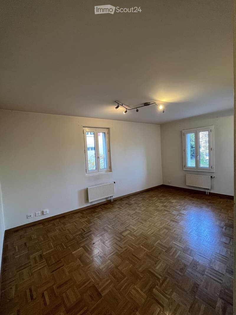 Empty room with wooden parquet flooring, white walls, two windows, radiators, and recessed ceiling lighting.