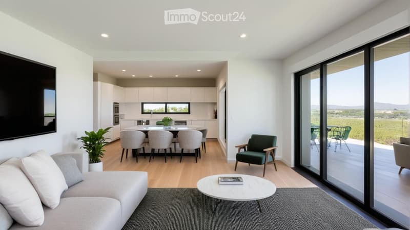 Modern open-concept living and dining area with a grey sectional sofa, white coffee table, dining table with six chairs, green accent chair, and large windows overlooking a scenic landscape.